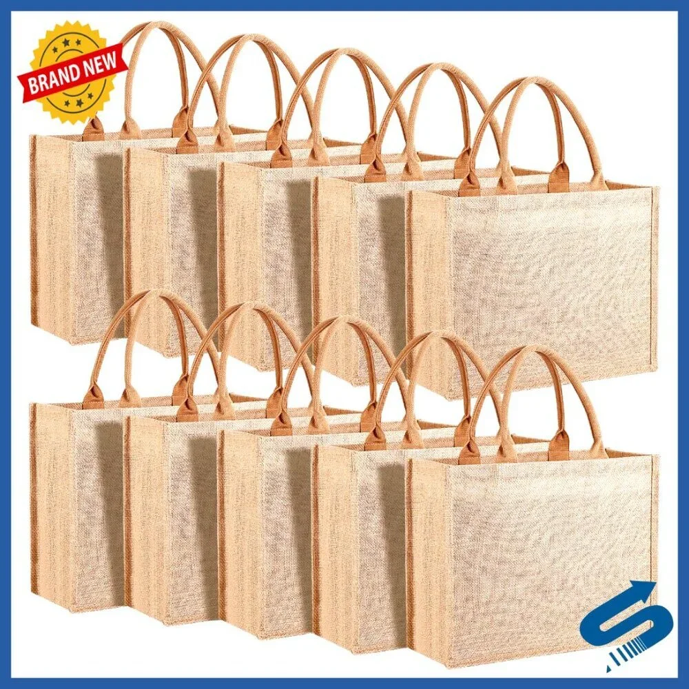 Reusable Jute Tote Bags Natural Burlap Large Capacity Grocery Shopping Travel